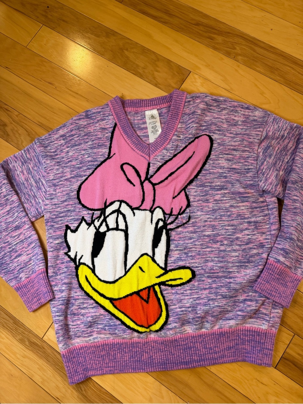 Disney Parks Daisy Duck Space Dye Sweater S Marled Purple Pink Knit V-Neck